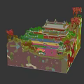 Cartoon Scene of Chinese Ancient Palace with Orange Trees Small Buildings and Figures