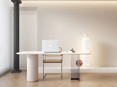Minimalist White Desk Setup With Laptop Chair And Decorative Column On Wooden Floor 3d model