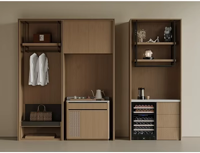Modern Wooden Wardrobe With Hanging Clothing Open Shelves And Storage Drawers 3d model