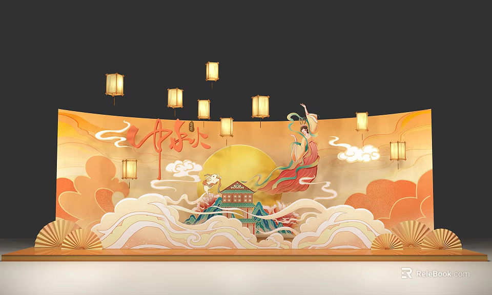 Traditional Mid-Autumn Decorative Backdrop With Lanterns Moon Palace Figure And Clouds 3d model