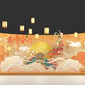 Traditional Mid-Autumn Decorative Backdrop With Lanterns Moon Palace Figure And Clouds 3d model