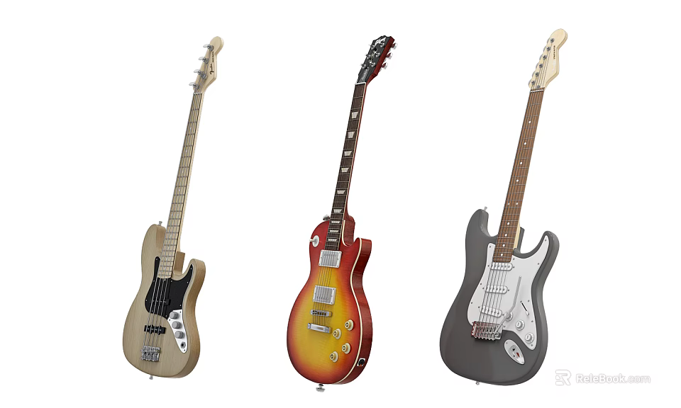 Three Different Colored Electric Guitars As Musical Instruments 3d model 