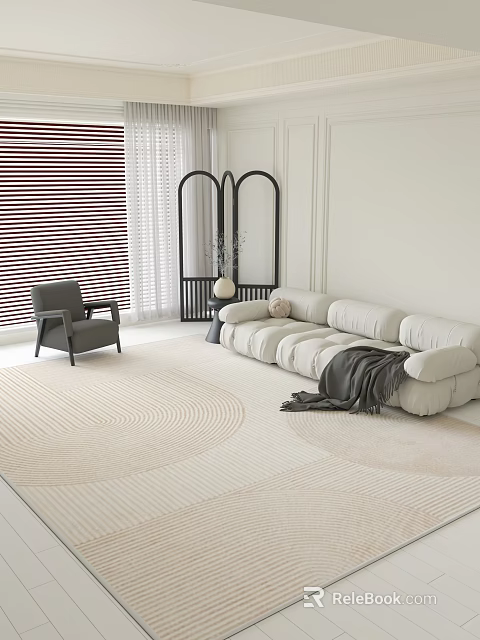 Modern Living Room Interior With White Modular Sofa Gray Armchair Beige Rug And Window Blinds 3d model 
