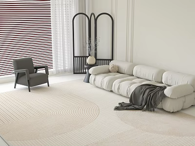 Modern Living Room Interior With White Modular Sofa Gray Armchair Beige Rug And Window Blinds 3d model