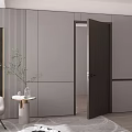 Modern Living Space With Gray Hinged Door Gray Armchair Side Table Plant And Rug