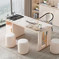Modern Luxury Tea Table Set with Marble Top White Stools by Window and Tea Set 3d model