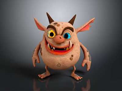 Spotted Cartoon Monster Character With Horns Big Ears Yellow And Blue Eyes 3d model