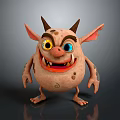 Spotted Cartoon Monster Character With Horns Big Ears Yellow And Blue Eyes