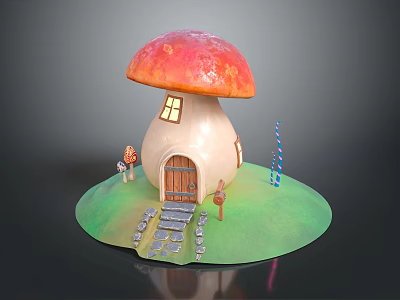 Mushroom House Building With Red Cap Wooden Door Small Window Stone Path And Candy Cane 3d model