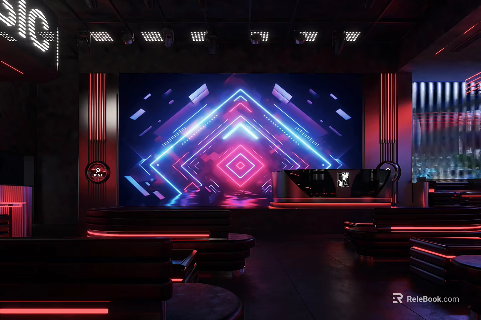 Neon Cyberpunk Stage Interior With Geometric Patterns Lighting And Sofas 3d model 