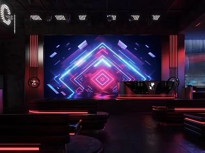 Neon Cyberpunk Stage Interior With Geometric Patterns Lighting And Sofas 3d model