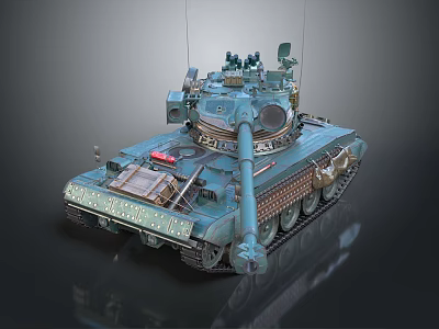 Military Teal Tank With Weathered Metallic Finish Turret Gun Barrel And Tracks 3d model