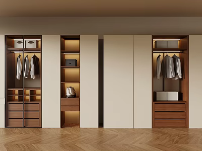 Modern Built In Wardrobe Design With Hanging Clothes Drawers And Open Shelves 3d model