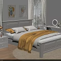White Double Bed with Bedside Tables Lamp Yellow Blanket and Decorative Paintings in Minimalist Bedroom