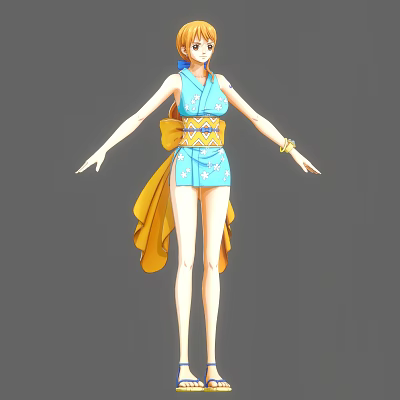 A Woman Wearing Blue Outfit With Yellow Decorative Belt And Arms Outstretched 3d model