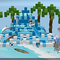 Summer Dynamic Surf Festival Scene With Surfboard Dolphin And Palm Trees