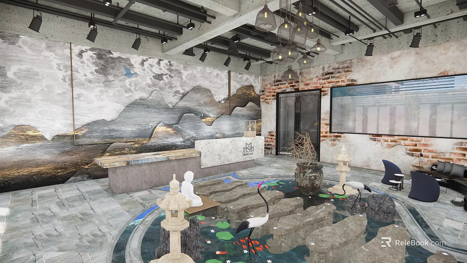 Modern Hotel Lobby Featuring Mountain Landscape Wall Reception Desk And Water Feature With Cranes 3d model 