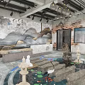 Modern Hotel Lobby Featuring Mountain Landscape Wall Reception Desk And Water Feature With Cranes