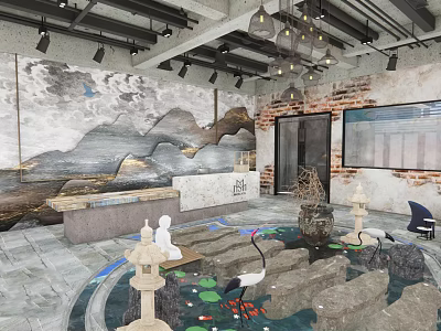 Modern Hotel Lobby Featuring Mountain Landscape Wall Reception Desk And Water Feature With Cranes 3d model