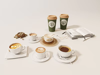 Various Coffee Cups with Latte Art Green Takeaway Cups Open Book Nuts and Milk Jug 3d model