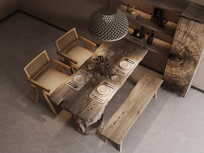 Rustic Wooden Dining Table Set with Chairs Bench Tableware Pendant Light and Wooden Shelf 3d model