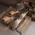 Rustic Wooden Dining Table Set with Chairs Bench Tableware Pendant Light and Wooden Shelf