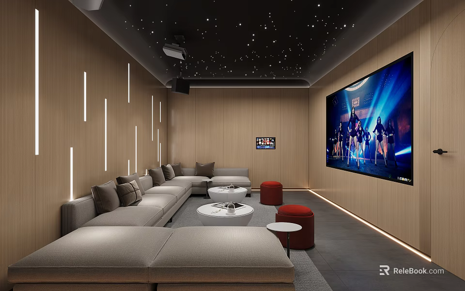 Modern Home Theater Room Interior Design With Starry Ceiling Large Screen And Comfortable Sofa 3d model 