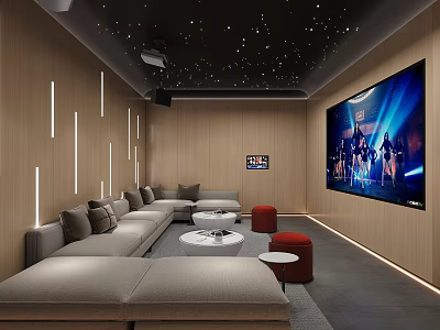 Modern Home Theater Room Interior Design With Starry Ceiling Large Screen And Comfortable Sofa 3d model