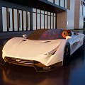 White Sports Car Parked Near Modern Building With Red Seats And Shiny Front Design