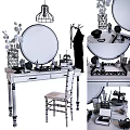 Light Purple Dressing Table With Round Mirror Cosmetics On Tray Wooden Chair And Green Plant