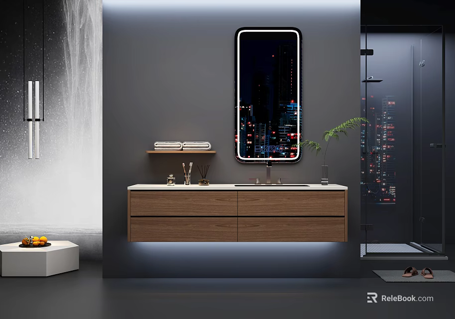 Modern Bathroom Vanity Set With Wall Mounted Design Wooden Drawers And City View Mirror 3d model 