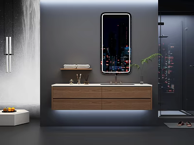 Modern Bathroom Vanity Set With Wall Mounted Design Wooden Drawers And City View Mirror 3d model