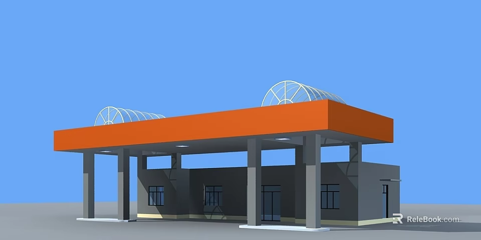 Modern Gas Station With Orange Arched Canopy Gray Building And Columns 3d model 
