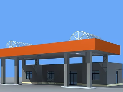 Modern Gas Station With Orange Arched Canopy Gray Building And Columns 3d model