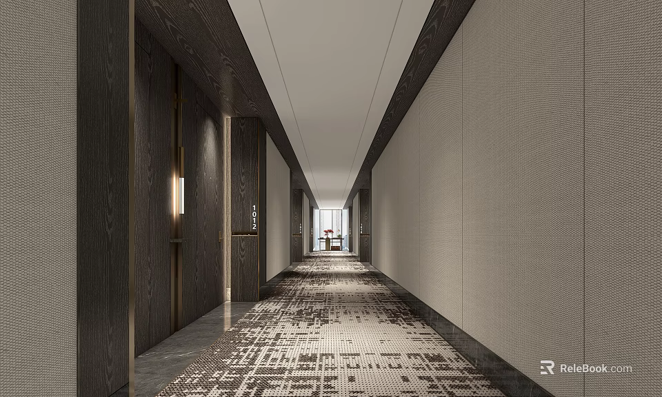 Modern Elegant Elevator Corridor Interior With Wooden Panel Walls Patterned Carpet And Wall Lighting 3d model