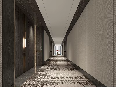 Modern Elegant Elevator Corridor Interior With Wooden Panel Walls Patterned Carpet And Wall Lighting 3d model