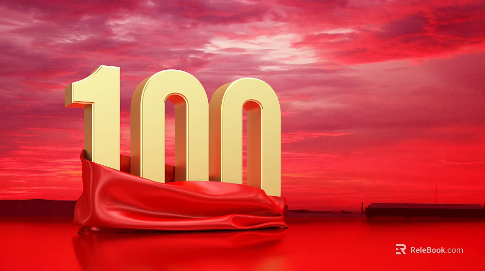Golden 100 Number With Red Cloth On Vibrant Red Sky Background 3d model 