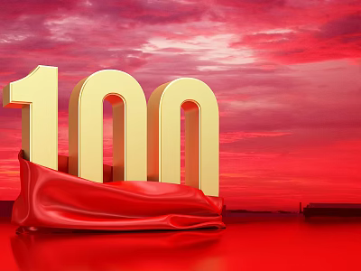 Golden 100 Number With Red Cloth On Vibrant Red Sky Background 3d model