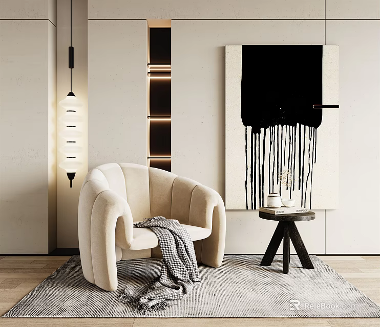 Beige Accent Chair With Gray Blanket Black Side Table And Abstract Painting In Modern Interior 3d model 