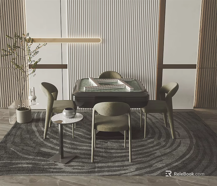 Modern Entertainment Table Interior With Comfortable Chairs Stylish Lighting And Decorative Plant 3d model 