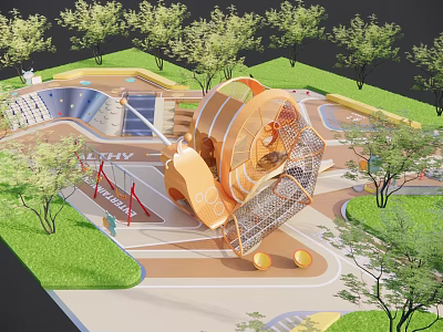 Colorful Children's Playground With Large Orange Spinning Structure And Lush Green Trees 3d model