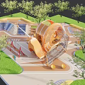 Colorful Children's Playground With Large Orange Spinning Structure And Lush Green Trees