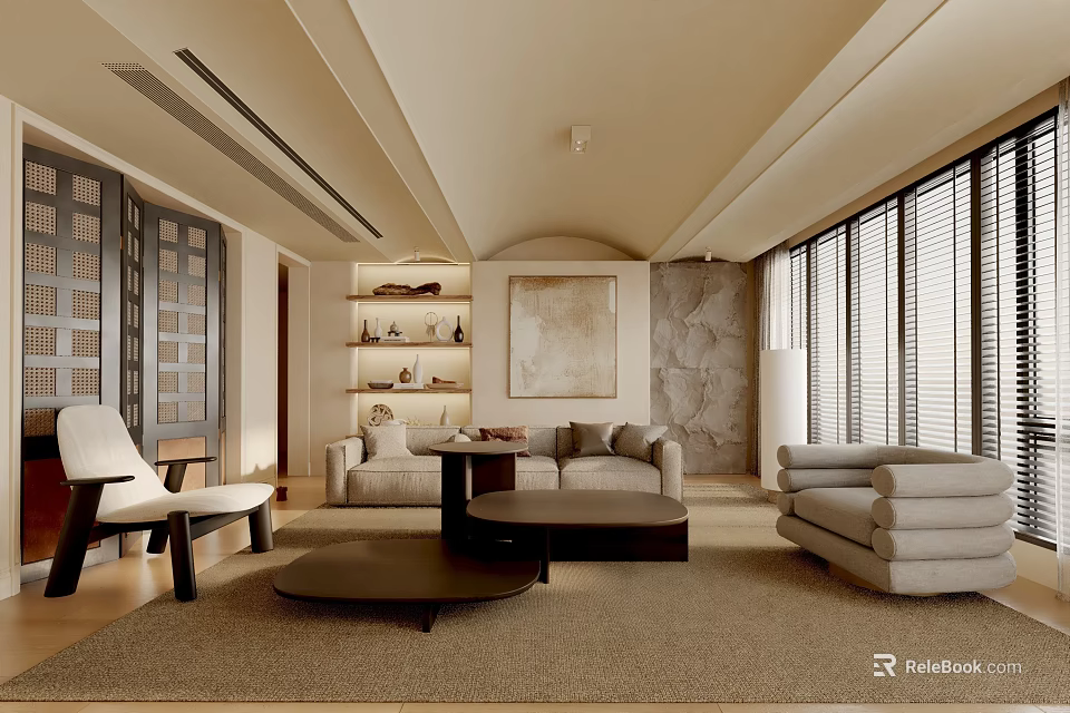 Modern Living Room Interior With Beige Sofa Coffee Tables Area Rug And Window Blinds 3d model 
