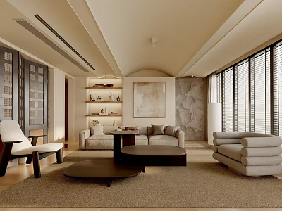 Modern Living Room Interior With Beige Sofa Coffee Tables Area Rug And Window Blinds 3d model