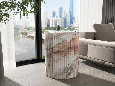 Modern Living Room With Round Marble Side Table And City View 3d model