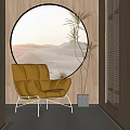 Stylish Orange Leather Leisure Chair by Round Window with Desert View and Potted Plant