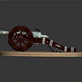 Vintage Cannon With Metal Barrel Large Wooden Wheels On Circular Stone Base And Green Grass