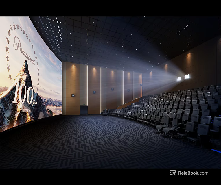 Modern Cinema Interior With Large Curved Screen Premier Movie Poster And Neatly Arranged Seats 3d model 