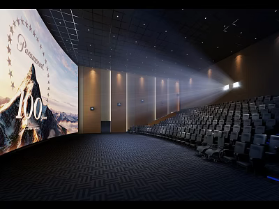 Modern Cinema Interior With Large Curved Screen Premier Movie Poster And Neatly Arranged Seats 3d model