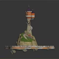 European Architecture Tower With Purple Roof Stone Base And Water Pool